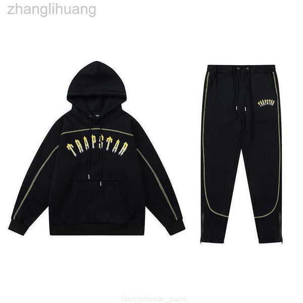 

designer clothing mens sweatshirts fashion streetwear trapstar gradient embroidery letter plush sweater pants hooded autumnwinter casual men, Black