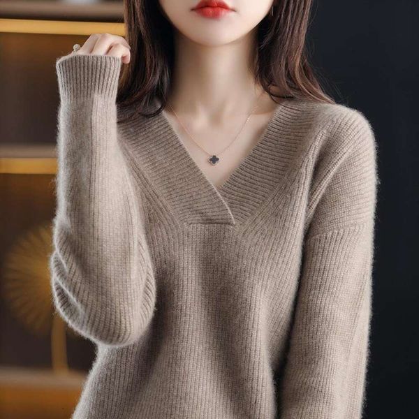 

spring and autumn style v neck woolen sweater womens lazy wind all matching warm loose thin, White;black