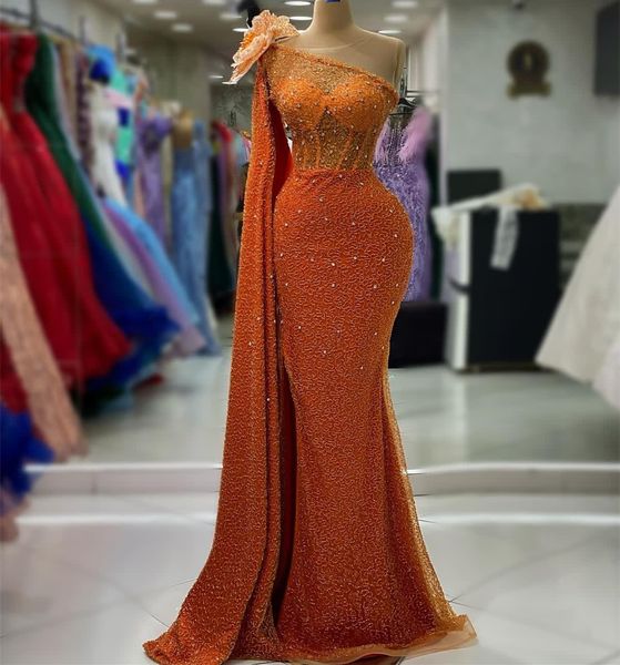 

2023 august aso ebi mermaid orange prom dress crystals sequined lace evening formal party second reception birthday engagement gowns dresses, Black