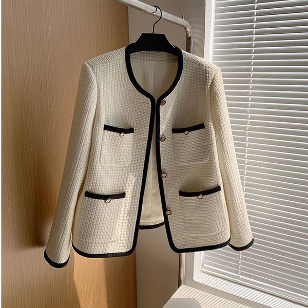 

women's wool blends oversize 3xl vintage tweed jackets korean elegant coat women spring luxury outwear single breasted crop streetwear, Black