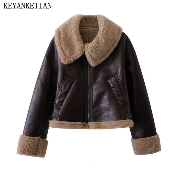 

womens leather faux keyanketian winter lambskin jacket vintage style zipper short thick jacke warm jaqueta feminina 230828, Black