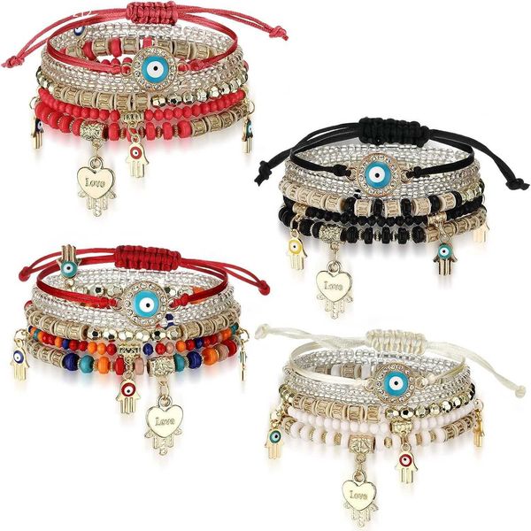 

4 sets bohemian stretch beads bracelets multilayer evil eye hamsa hand bracelet bohemian bracelet handmade stackable charm bracelets for wom, Silver