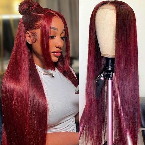 

Lace Front Wigs Human Hair 99j Lace Front Wig 13x4 Straight Human Hair Wigs Pre Plucked Hairline Wine Red Color 26 Inch, Natural color