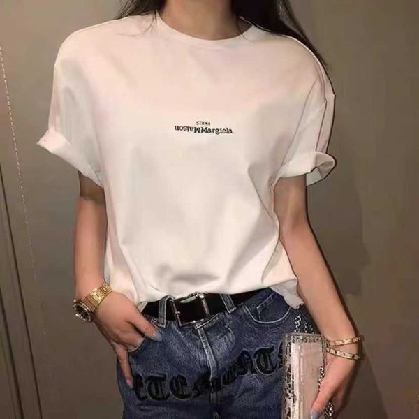 

designer t shirt margielas mm6 summer niche inverted letter embroidery short sleeved loose casual trendy men and women's t-shirt j1d1 f, White;black
