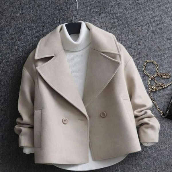 

womens wool blends autumn winter woolen coat women short slim fashion doublebreasted suit collar cardigan jacket female outerwear 230828, Black