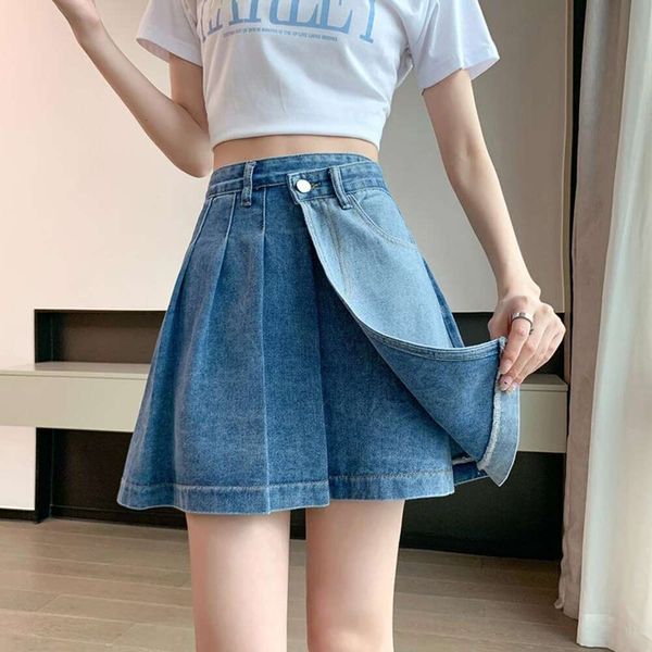 

item title womens denim skirt single breasted pleated a line short fashionable pants large size, Black