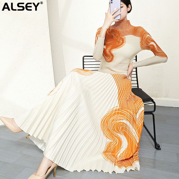 

two piece dress alsey miyake pleated women chinese style clothes for printed curve womens skirt suit spring autumn 230826, White