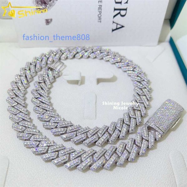

hip hop fine jewelry vvs diamond 3 rows 15mm cuban link necklace 925 silver men moissanite cuban chain