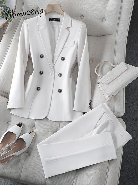 

womens two piece pants yitimuceng white suits for women fashion office ladies long sleeve double breasted chic slim high waisted sets 23082