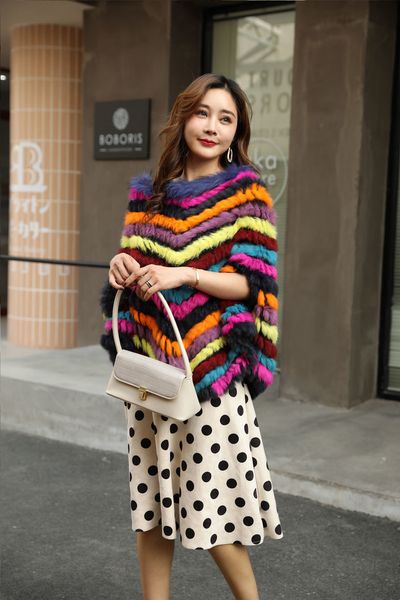 

womens fur faux genuine real natural womens knitted rabbit fur shawl with raccoon collar girls multicolor colorfull allmatch pullover 230828, Black