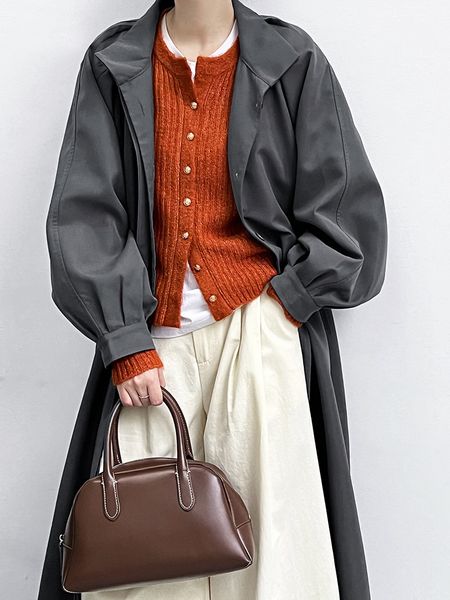 

womens wool blends fashion trench coats stand lantern sleeve ladies casual loose women vintage female long overcoats autumn korea u801 23082, Black