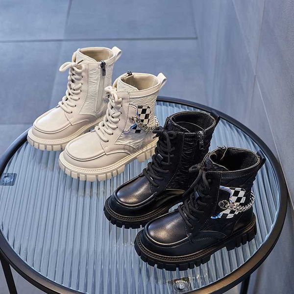 

boots children soft bottom girls tide boots spring and autumn kids fashion 2023 british style unique pocket with chains ankle boots l0828, Black;grey
