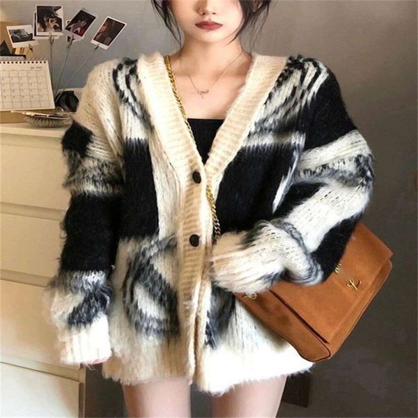 

autumn and winter sweaters v neck color matching loose casual style high end feeling lazy long cardigan sweater, White;black