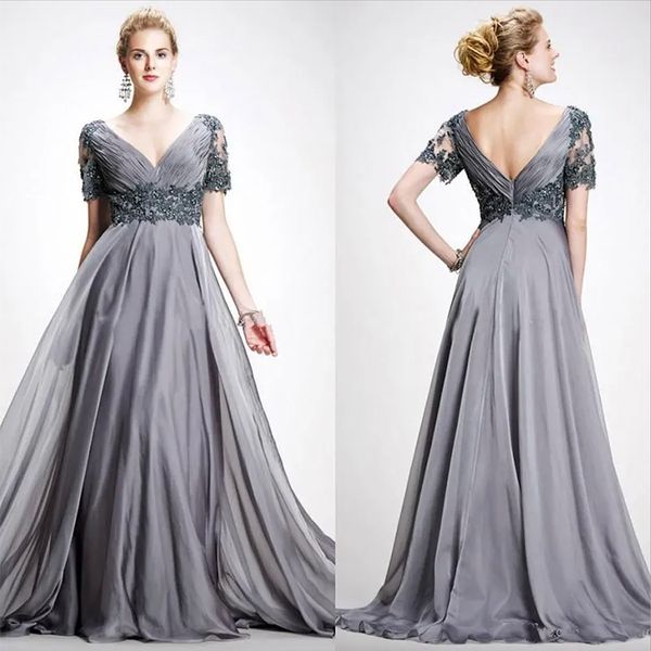 

gray long mother of the bride dresses v neck short sleeves appliques beaded chiffon plus size evening gowns prom dresses, Black;red