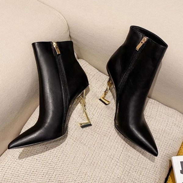 

classics ankle boots pointed toe metal special shaped heels 10.5cm women luxury designer leather sole side zipper fashion booties shoes size, Black