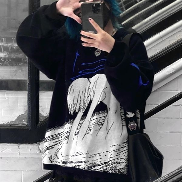

women's sweaters women's knitting cute anime print pattern o neck pullover sweater streetwear girls oversized harajuku knitwear wo, White;black