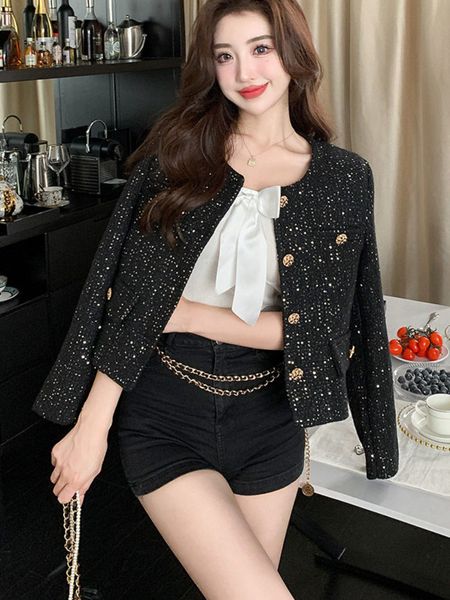 

womens wool blends korean fashion casual small fragrance tweed jacket coat autumn fried street short sequins outwear 230828, Black