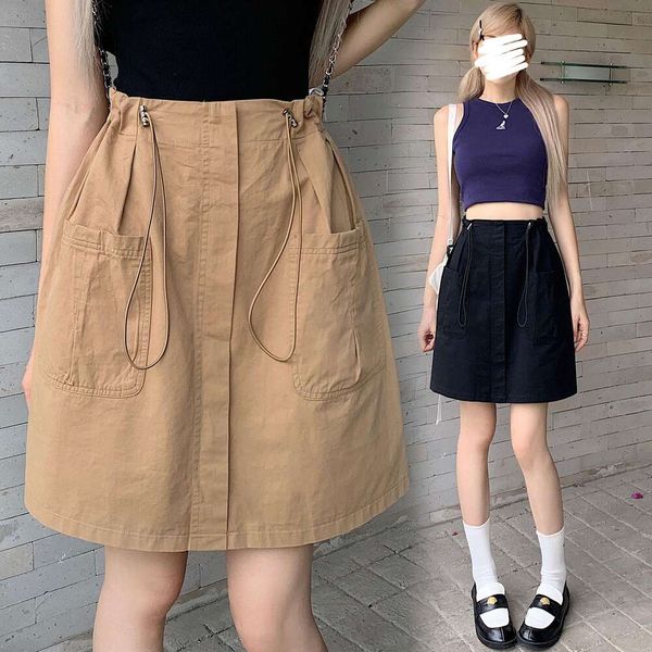 

l size retro overalls short skirt for women summer high waist a line slimming casual bag hip, Black