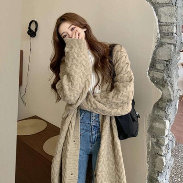 

mid long sweater for women loose outerwear autumn and winter korean style lazy wind coat western top, White;black