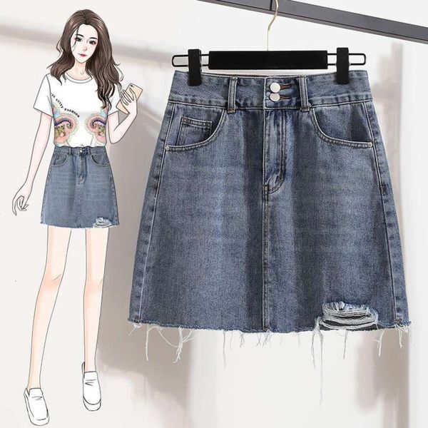 

large size all matching short skirt slimmer a line jeans washed holes summer for women, Black