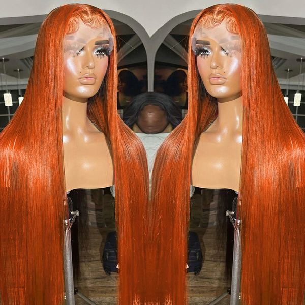 

13x4 Ginger Orange Remy 13x6 Bone Straight Frontal Wig 36 Inch HD Transparent Lace Front Human Hair Wigs for Women, White