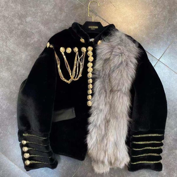 

womens wool blends winter women jacket standing collar long sleeve embroidered edge belt gold buckle chain cotton coat 230826, Black