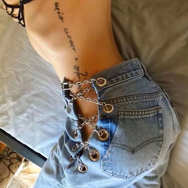 

women's jeans woman hollow out wideleg jean buttons side cross chain high waist denim pants spring korea pant 230826, Blue