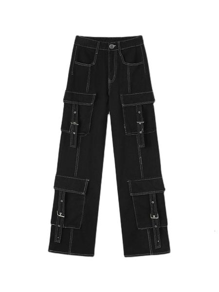 

womens jeans baggy women cargo pants vintage high waist streetwear denim black gothic clothes pockets straight wide leg trousers 230828, Blue