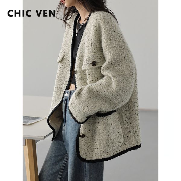 

womens wool blends chic ven woolen coat heavy industry down jacket vintage vneck woman female autumn winter 230828, Black