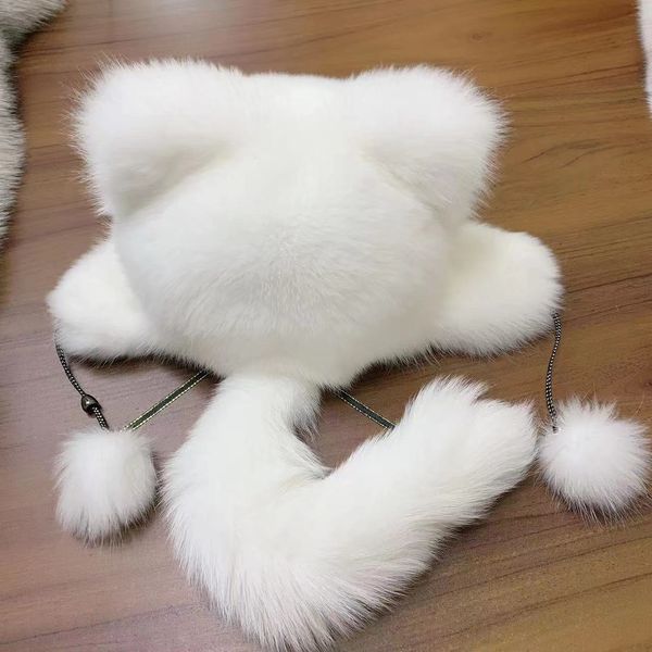 

womens real white fox fur hat russian ushanka winter warm aviator trapper bomber ski earmuffs cap, Blue;gray