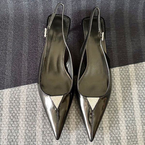 

fashion famous designer women sandals pointed toe summer dress shoes high heeled leather shoes baotou womens shoes patent leather back hollo, Black