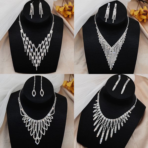 

water diamond necklace bridal wedding dress full diamond earrings chain set dinner party accessories necklace wholesale, White