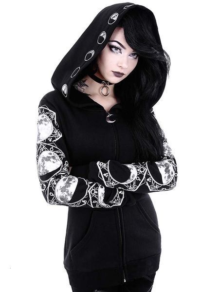 

wo5xl gothic punk women print long sleeve hoodies sweatshirts casual zipper jacket hooded female autumn winter black hoodies. 230828