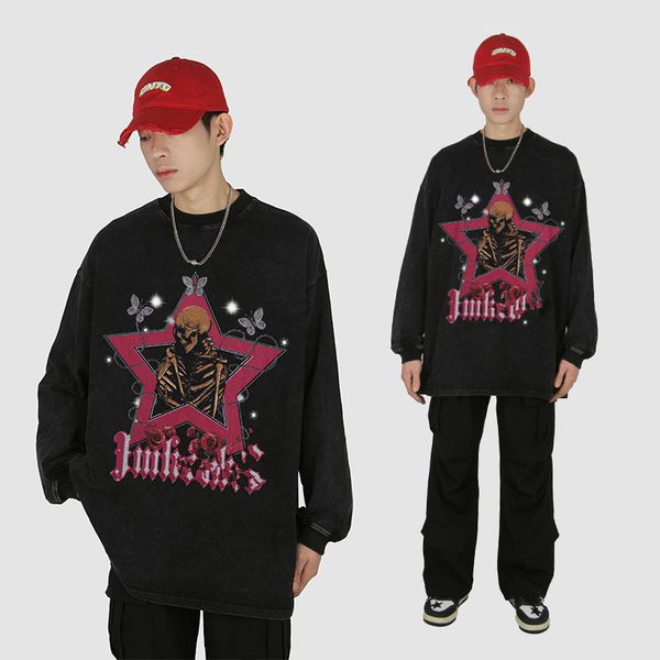 

designer graphic oversized hoodie men women hip hop long sleeve crew heavy weight streetwear five stars skull printing sweatshirts autumn pu, Black