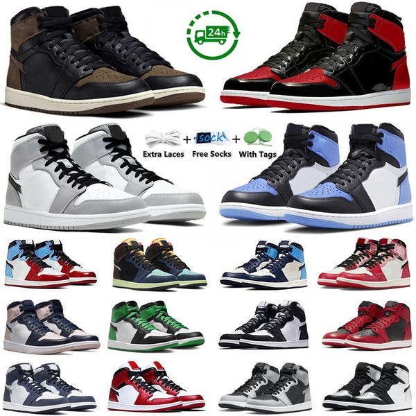

1 1s basketball shoes for men women sneakers palomion bred patent unc toe lost found dark mocha light smoke grey fog starfish shadow men wom