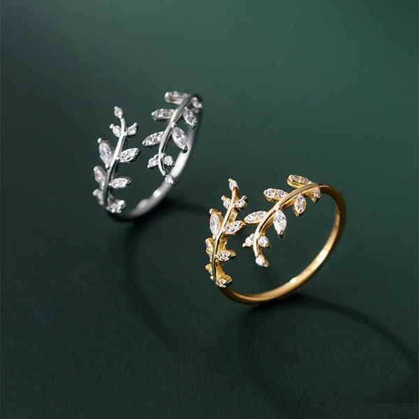 

sterling silver inlaid with diamonds, branch and bud rings, non fading, niche design, branch and leaf opening ring jewelry, korean version