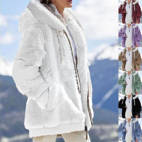 

womens fur faux winter plush hooded sweater zipper autumn loose and women coat warm outwear l6c6 230828, Black