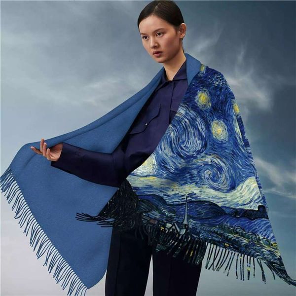

autumn and winter cashmere scarves van gogh oil painting double sided print scarf warm reretractive tassels shawl, Blue;gray