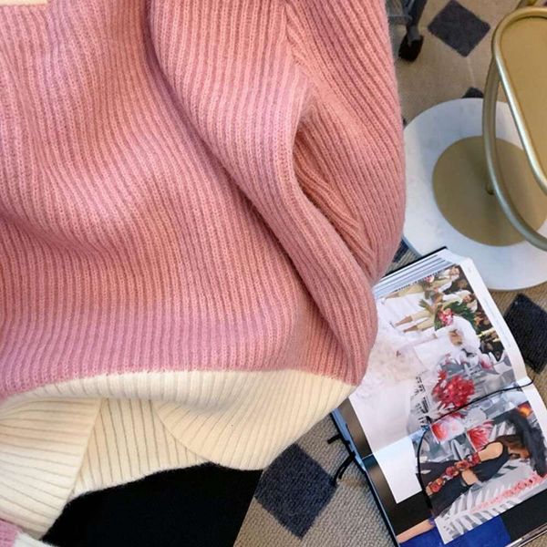 

autumn and winter style fashionable sweaters college clashing color soft thick pink pleated sweater for women, White;black