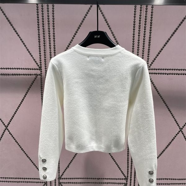 

womens knits tees autumn metal letter buckle decorative bottom round edge irregular long sleeve knitted cardigan women 230826, White