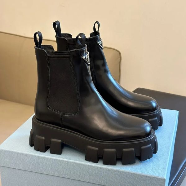 

new monolith polish leather ankle chelsea boots platform wedges slip-on round toe block heels flat booties luxury designer for women factory, Black