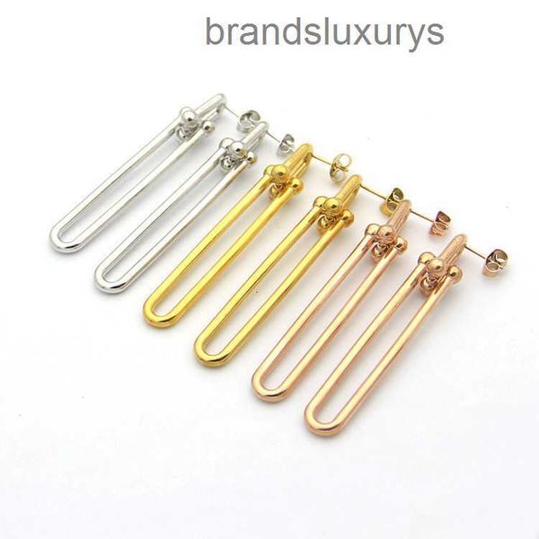 

womens u-shaped earrings two section long ear studs designer jewelry studs gold/silvery/rose full brand as wedding christmas gift, Golden;silver