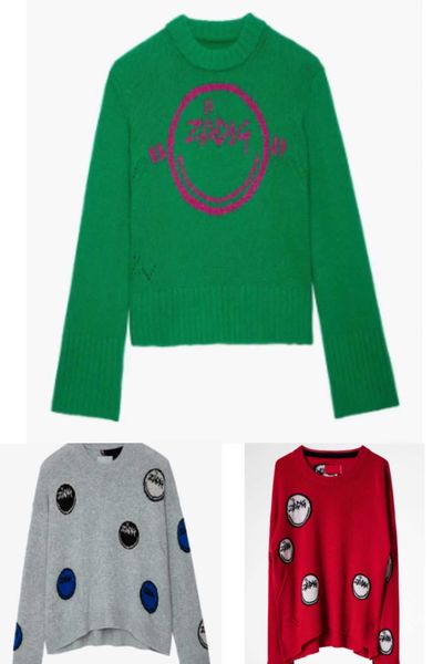 

zadig voltaire 23ss knitted pullover sweater designer tide pure cotton jacquard face letter hanging wool green 100% wool sweater women', White