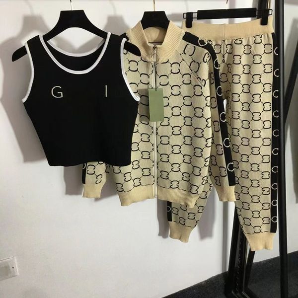 

23 womens set designer set womens two piece pants autumn/winter new fashion knitted three iece set cardigan full letter small foot tank pane, White