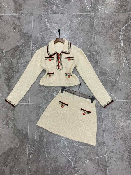 

two piece dress small fragrant style lapel sequin knit set, White