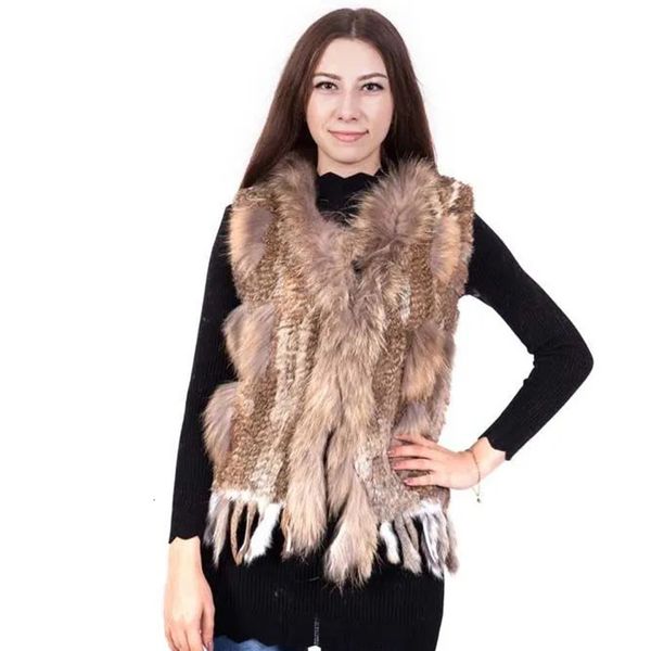 

womens fur faux fashion real rabbit tassel vest highend women knitted sleeveless vests natural raccoon collar jacket 230828, Black