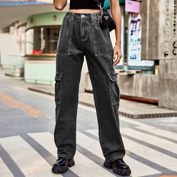 

solid color multi-pocket elastic waist women's utility jeans, Blue