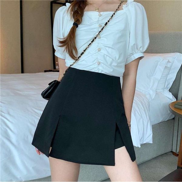 

sister styled half length skirt female high waist bag hip style split a line shorts girl lining short, Black