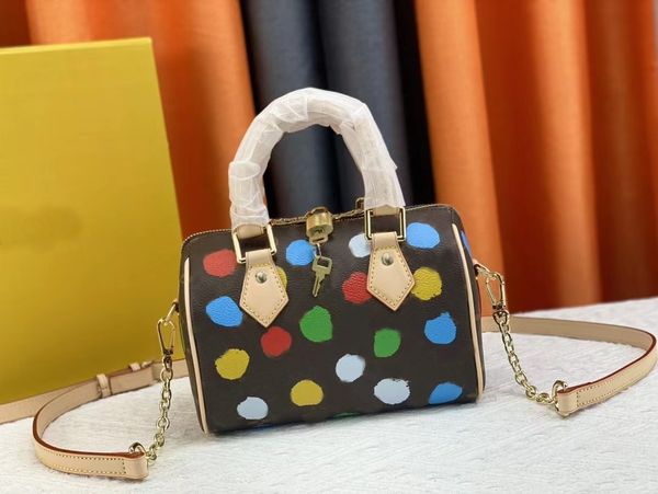 

m46653 genuine leather designeryayoi kusama bag womens bag bb handbags lady purse painted dots petit sac plat shoulder speedy bags