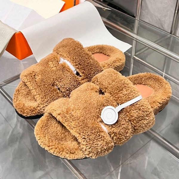 

designer luxury womens slippers ladies winter wool slides fur fluffy furry warm letters sandals comfortable fuzzy girl flip flop slipper qwa, Black